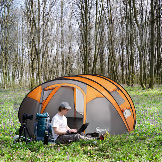 Outsunny 4-5 Person Pop-up Camping Tent Family Tent w/ 2 Mesh Windows & PVC Windows Portable Carry Bag for Outdoor Trip, Orange