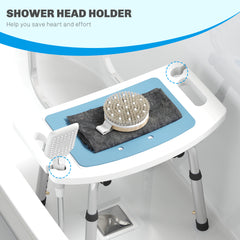 HOMCOM Shower Stool with Backrest, Height Adjustable Shower Chair with Anti-slip Foot Pads, Shower Head Holder, Light Blue