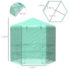 دفيئة خارجية للمشي في الهواء الطلق مع أرفف من Outsunny Hexagon مع غطاء مقاوم للماء من مادة البولي إيثيلين وباب قابل للطي، 228 × 196 × 215 سم، أخضر