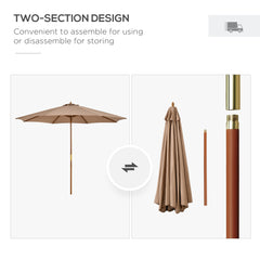 Outsunny 3(m) Garden Umbrella Wooden Parasol 8 Ribs Bamboo Sun Shade Patio Outdoor Umbrella Canopy Khaki