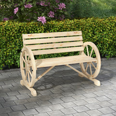 Outsunny Wagon Wheel Chair Bench Armrest Rustic Loveseat Wood Outdoor Garden, Natural