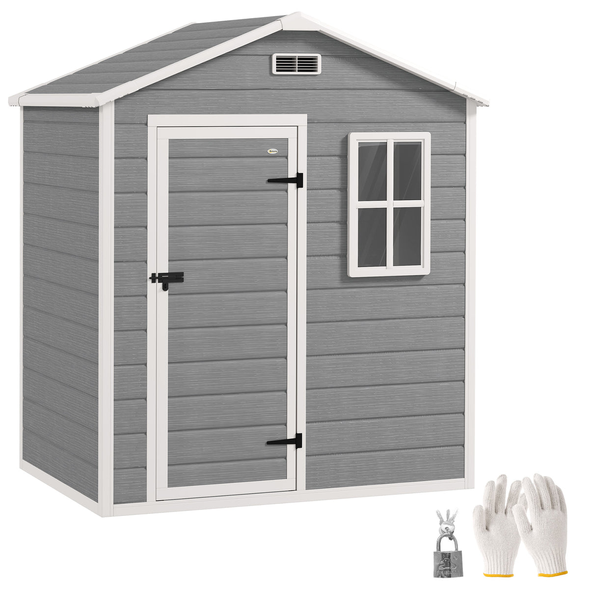 Outsunny 6 x 4ft Garden Shed, Plastic Shed with Floor, Window, Lockable Door and Vents, Wood Effect Resin Tool Shed for Outdoor, Grey