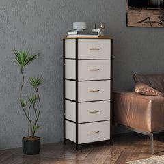 HOMCOM Fabric Chest of Drawers, Storage Drawers, Industrial Bedroom Dresser with 5 Fabric Drawers, Steel Frame and Wooden Top for Nursery, Living Room, Hallway, Cream White