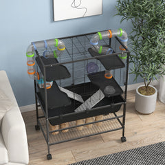 PawHut Large Hamster Cage, Gerbil Cage with Tubes, Storage Shelf, Ramps, Platforms, Running Wheel - Black