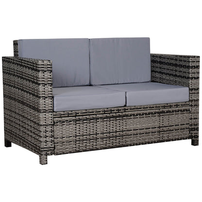Outsunny Rattan Sofa, 2 Seater Garden Furniture with Soft Padded Cushion and Armrests, Wicker Garden Loveseat for Patio, Mixed Grey