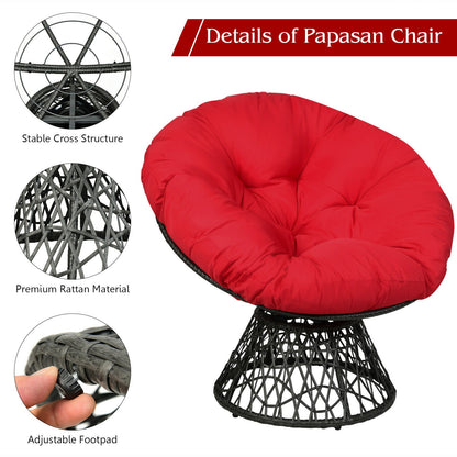 Rattan Papasan Chair with 360° Swivel and Soft Cushion-Red