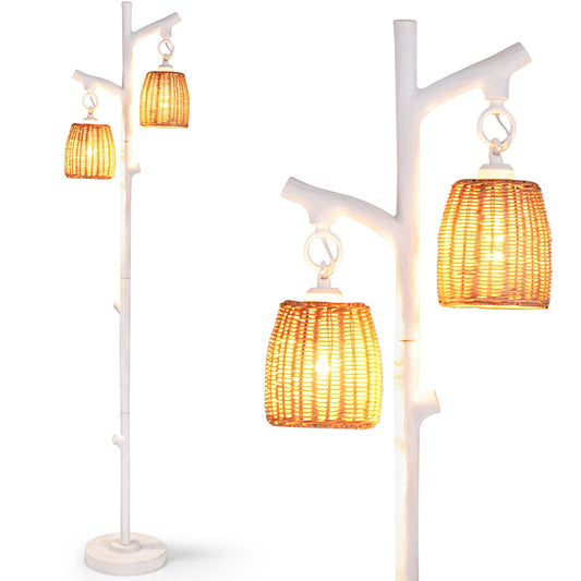 2 Dimmable Light Farmhouse Floor Lamp with Foot Switch with Rattan Style-White