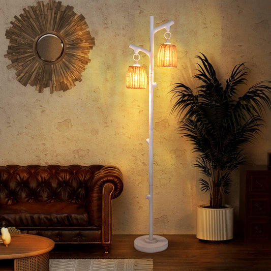 2 Dimmable Light Farmhouse Floor Lamp with Foot Switch with Rattan Style-White