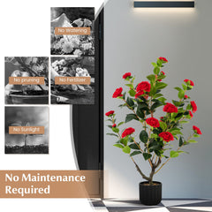 1/2 Pieces 95cm Artificial Camellia Tree with Flowers and Rain-Flower Pebbles-Red-2 Pieces