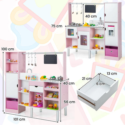 2-in-1 Kids Kitchen and Market Double-sided Play Kitchen-Pink