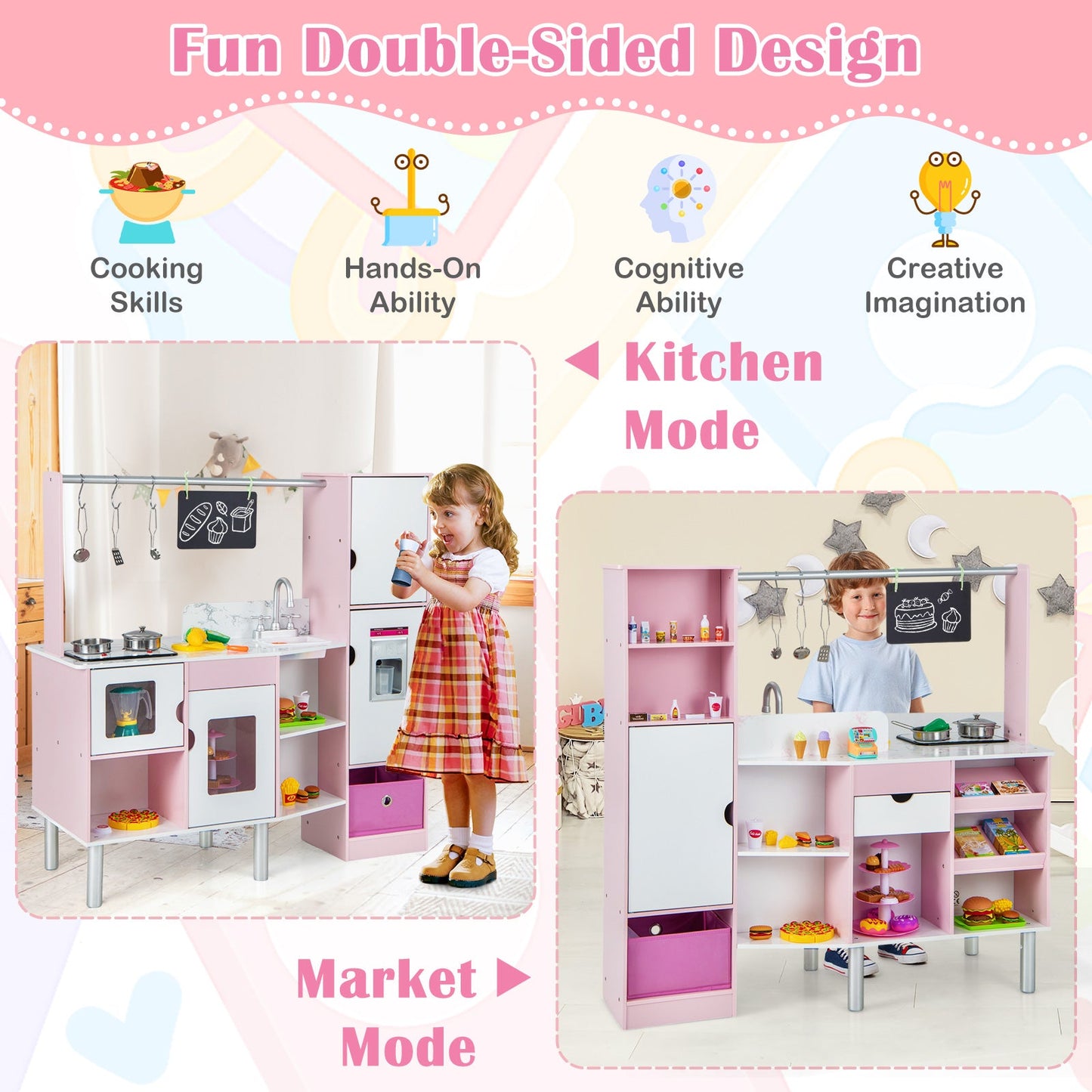 2-in-1 Kids Kitchen and Market Double-sided Play Kitchen-Pink