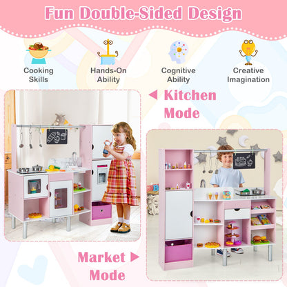 2-in-1 Kids Kitchen and Market Double-sided Play Kitchen-Pink