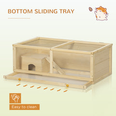 PawHut Wooden Hamster Cage with Sliding Tray, Openable Top, Hut for Syrian Hamster, Natural Wood Finish