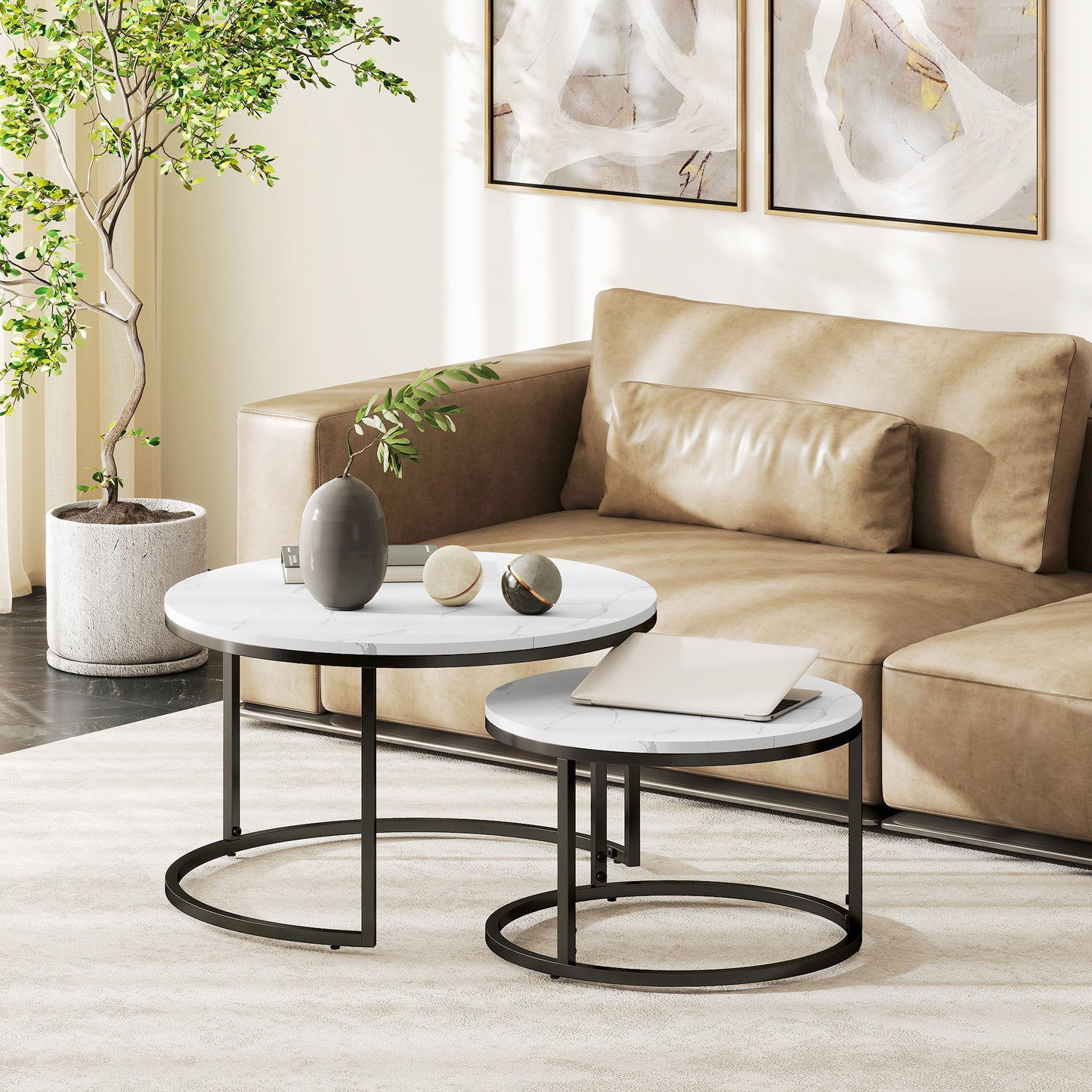 HOMCOM Set of Two Marble-Effect Stacking Tables - Black/White
