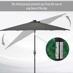 Outsunny â2.7m Garden 24 LED Light Parasol Solar Outdoor Tilt Sun Umbrella Patio Club Party Event Manual Sun Shade w/ Hand Crank and 8 Ribs, Grey