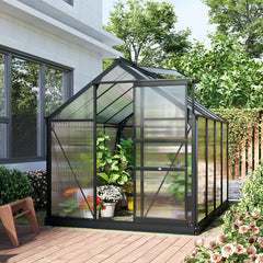 Outsunny 6 x 8ft Polycarbonate Greenhouse, Large Walk-In Green House with Slide Door and Window, Garden Plants Grow House with Aluminium Frame and Foundation, Grey