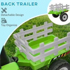 HOMCOM Ride On Tractor, Battery Powered Electric Car, with Detachable Trailer, Remote Control, Music - Green