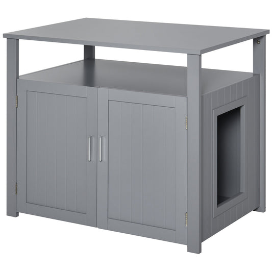 PawHut Wooden Cat Litter Box Enclosure Furniture with Adjustable Interior Wall & Large Tabletop for Nightstand, Grey