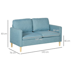 HOMCOM Two Seater Sofa for Living Room, Modern Fabric Couch with Wood Legs and 2 Pockets for Bedroom and Home Office, Blue