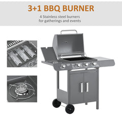 Outsunny 3+1 Burner Gas BBQ Grill, Outdoor Barbecue Trolley with Wheels, Warming Rack, Side Shelves, Cabinet, Thermometer for Garden, Party, Camping, 110L x 50W x 100Hcm, Grey