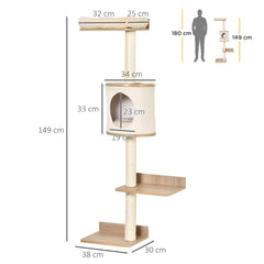 PawHut Wall-Mounted Cat Tree, with Cat House, Bed, Scratching Post - Beige