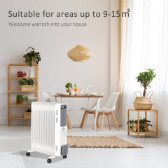 HOMCOM 2500W Oil Filled Radiator, 11 Fin, Portable Electric Heater with 3 Heat Settings, Safety Cut-Off and Wheels, White