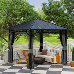 Outsunny 3 x 3(m) Hardtop Gazebo with Galvanised Steel Roof and Water Gutter, Waterproof Permanent Pavilion Garden Gazebo with Netting and Curtains for Patio, Deck