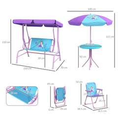 Outsunny 4PCs Kids Garden Furniture Set w/ 2 Seater Garden Swing Chair with Adjustable Canopy, Childrens Table and Chair Set with Parasol, for Toddler Girls 3-6 Years Old