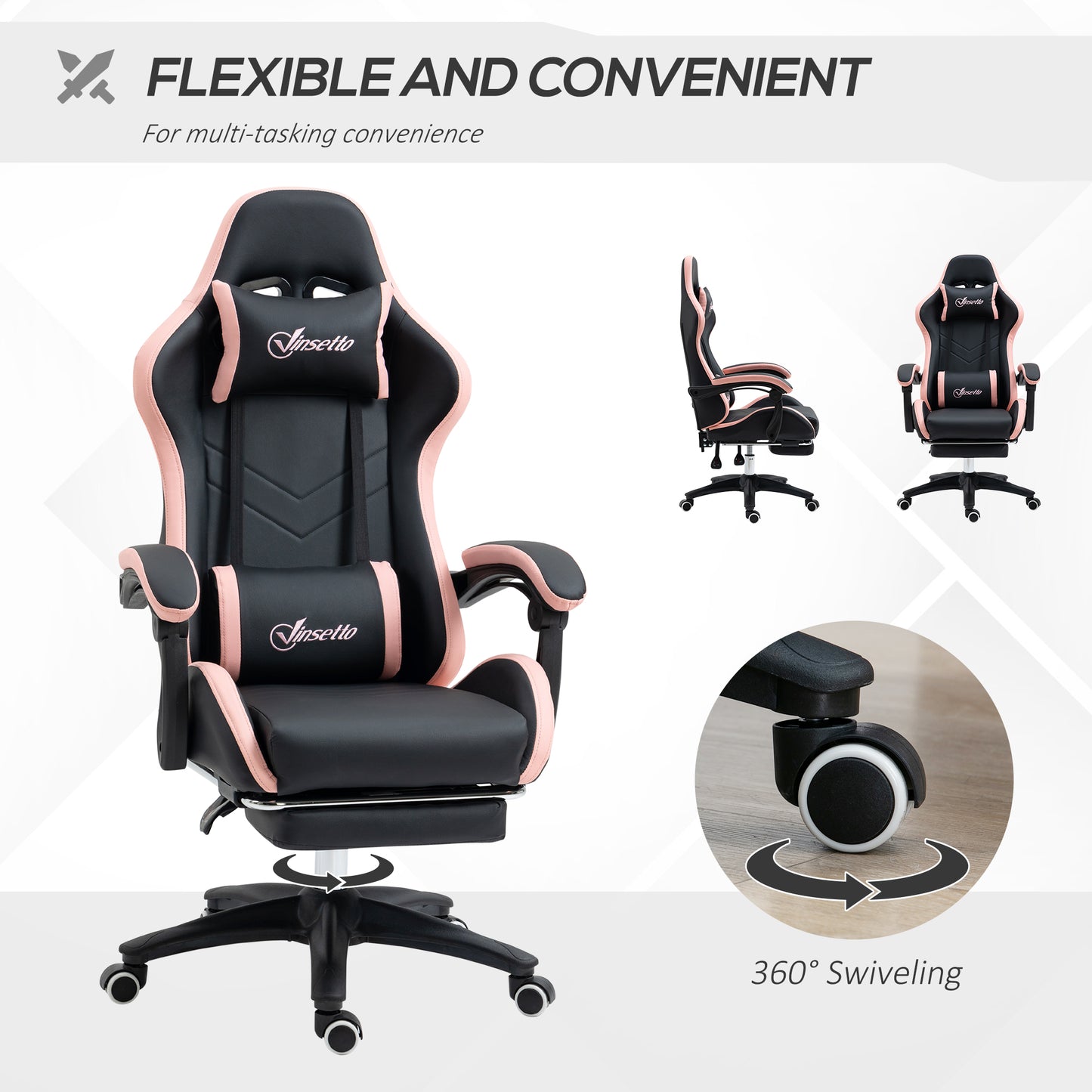 Vinsetto Computer Gaming Chair, PU Leather Desk Chair with Footrest, Swivel Task Chair with 135√Ç¬∞ Reclining Back and Lumbar Support, PC Chair for Adults, Black and Pink