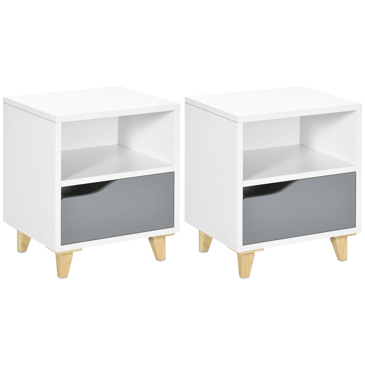 HOMCOM Modern Bedside Table, Side End Table with Shelf, Drawer and Wood Legs, 36.8cmx33cmx43.8cm, White and Grey