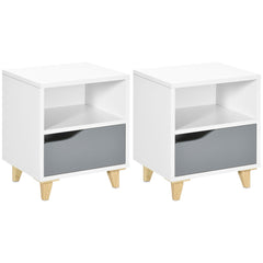 HOMCOM Set of 2 Modern Bedside Tables with Shelves, Drawers and Wood Legs, 36.8cm x 33cm x 43.8cm, White and Grey