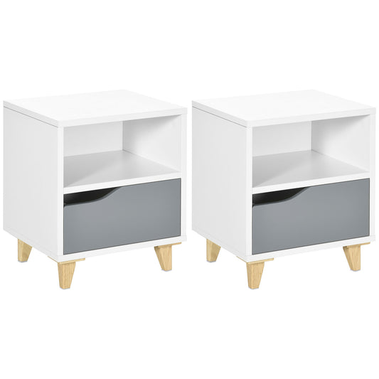 HOMCOM Set of 2 Modern Bedside Tables with Shelves, Drawers and Wood Legs, 36.8cm x 33cm x 43.8cm, White and Grey