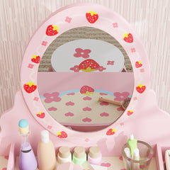 AIYAPLAY Kids Dressing Table Set, Vanity Table with Stool, Mirror, Drawer, Desktop Storage, Strawberry Theme, Pink