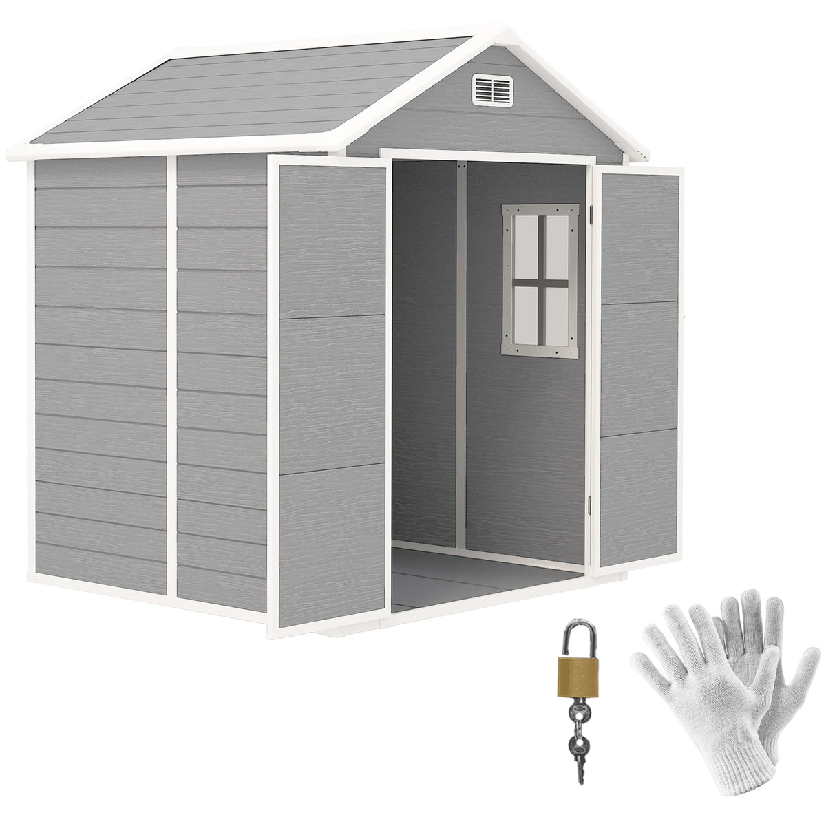 Outsunny 6 x 5ft Garden Shed, Plastic Shed with Floor, Window, Lockable Doors and Vents, Wood Effect Resin Tool Shed for Outdoor Patio, Dark Grey