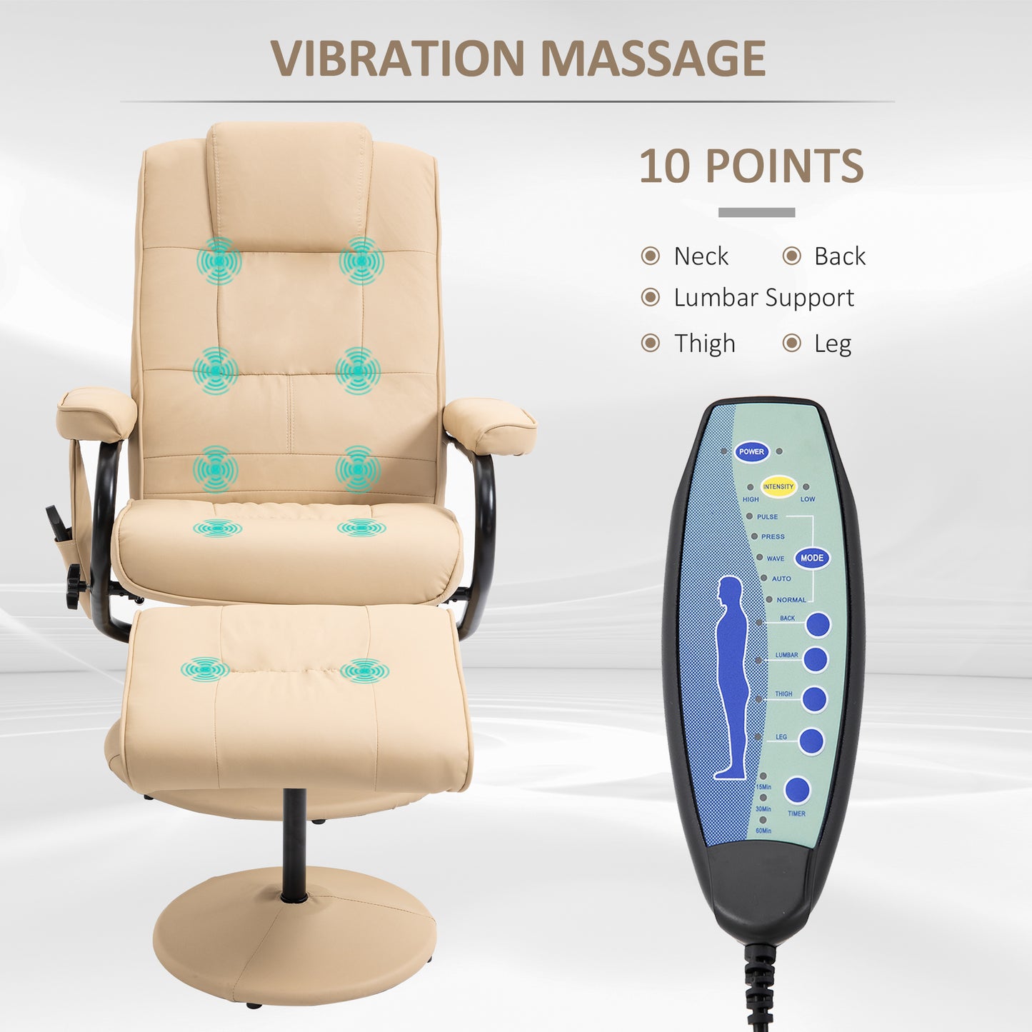 HOMCOM Swivel Recliner Chair and Footstool, Faux Leather Massage Recliner Armchair with Remote Control and Round Wrapped Base, Cream