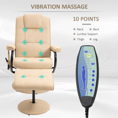 HOMCOM Swivel Recliner Chair and Footstool, Faux Leather Massage Recliner Armchair with Remote Control and Round Wrapped Base, Cream
