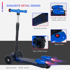 HOMCOM Kids Scooter, 3 Wheel Foldable Kick Scooter Adjustable Height w/ Flashing Wheels, Music, Water Spray for 3-6 Years, Blue