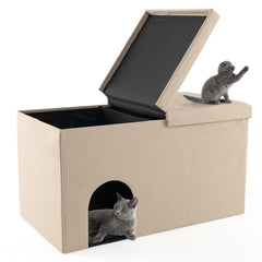 3-in-1 Hidden Cat Washroom Ottoman Shoe Bench-Beige