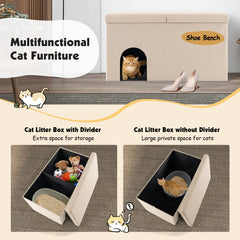 3-in-1 Hidden Cat Washroom Ottoman Shoe Bench-Beige