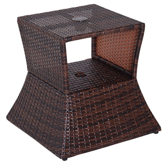 Outsunny Rattan Outdoor Coffee Table, Wicker Garden Patio Bistro Side Table with Umbrella Hole and Storage Space for Balcony, Porch, Brown