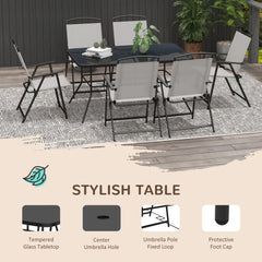 Outsunny Seven-Piece Garden Dining Set, with Glass-Top Table and Folding Chairs - Grey