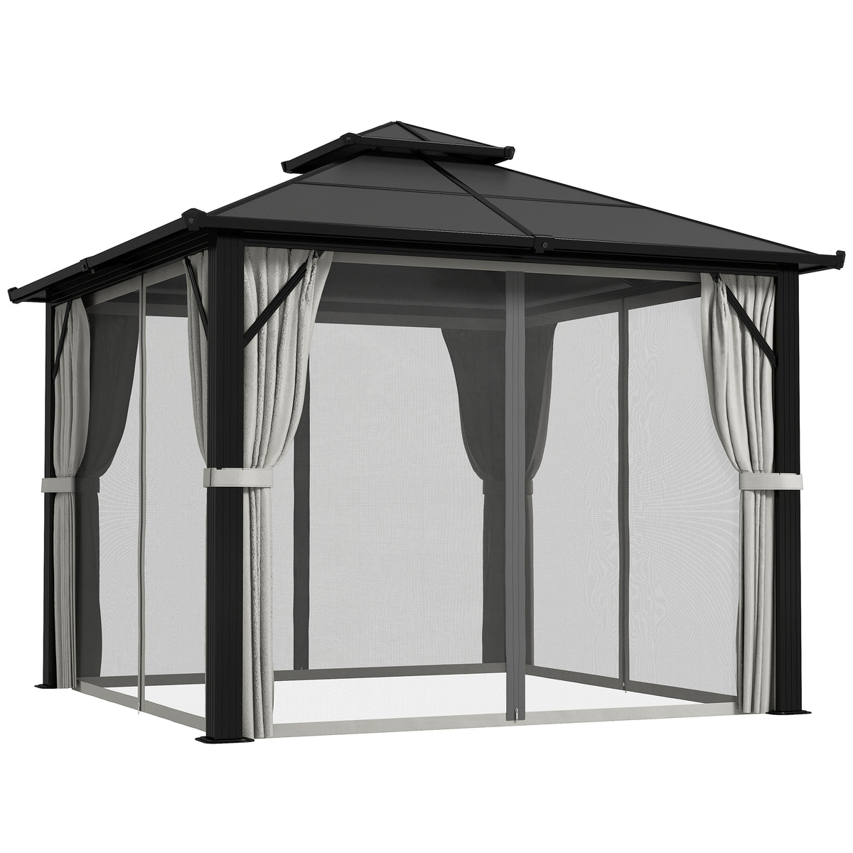 Outsunny 3 x 3(m) Hardtop Gazebo Canopy with UPF30+ Double Polycarbonate Roof, Aluminium Frame Garden Gazebo Permanent Pavilion with Mosquito Netting and Curtains for Patio, Deck, Grey