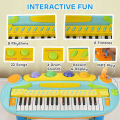 AIYAPLAY 37-Key Kids Piano w/ Microphone, Stool, LED Lights, Record & Replay, Function, Blue