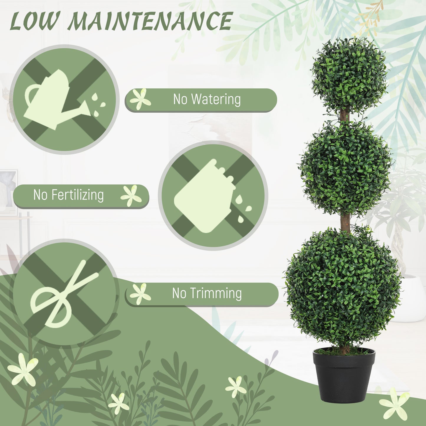 HOMCOM Set of 2 Decorative Artificial Trees, Topiary Ball-shaped Boxwood Trees in Pot, Fake Plants for Home Indoor outdoor Decor, 100cm, Green