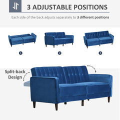 HOMCOM Modern 3 Seater Velvet Sofa Bed, Click Clack Sofa Bed, Button Tufted Sleeper Couch with Split Reclining Backrest and Rubber Wood Legs, Blue