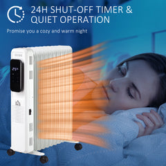 HOMCOM 2500W Oil Filled Radiator, 11 Fin Portable Electric Heater with LED Display, 24H Timer, 3 Heat Settings, Adjustable Thermostat, Safety Cut off, Remote Control, White