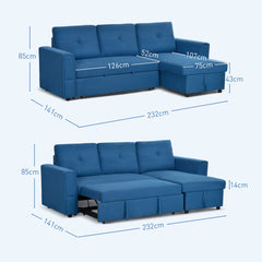 HOMCOM 3 Seater Sofa Bed, L Shaped Pull Out Sofa Bed with Storage, Convertible Click Clack Settee Sectional Sleeper Futon for Living Room, Office, Dark Blue