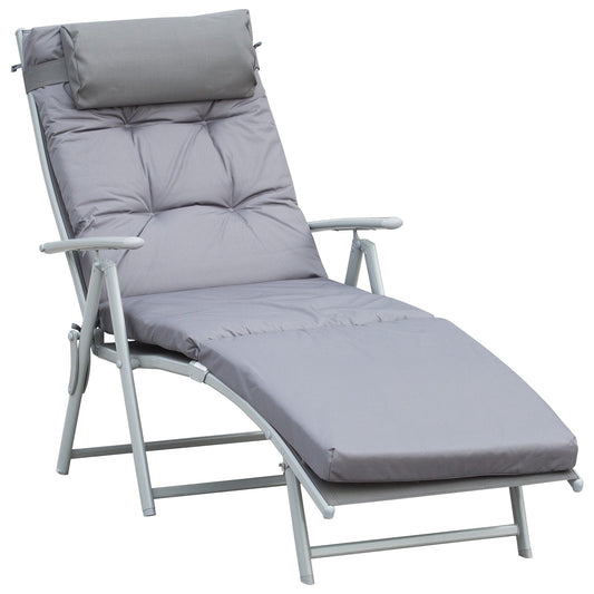 Outsunny Steel Frame Outdoor Garden Padded Sun Lounger w/ Pillow Grey