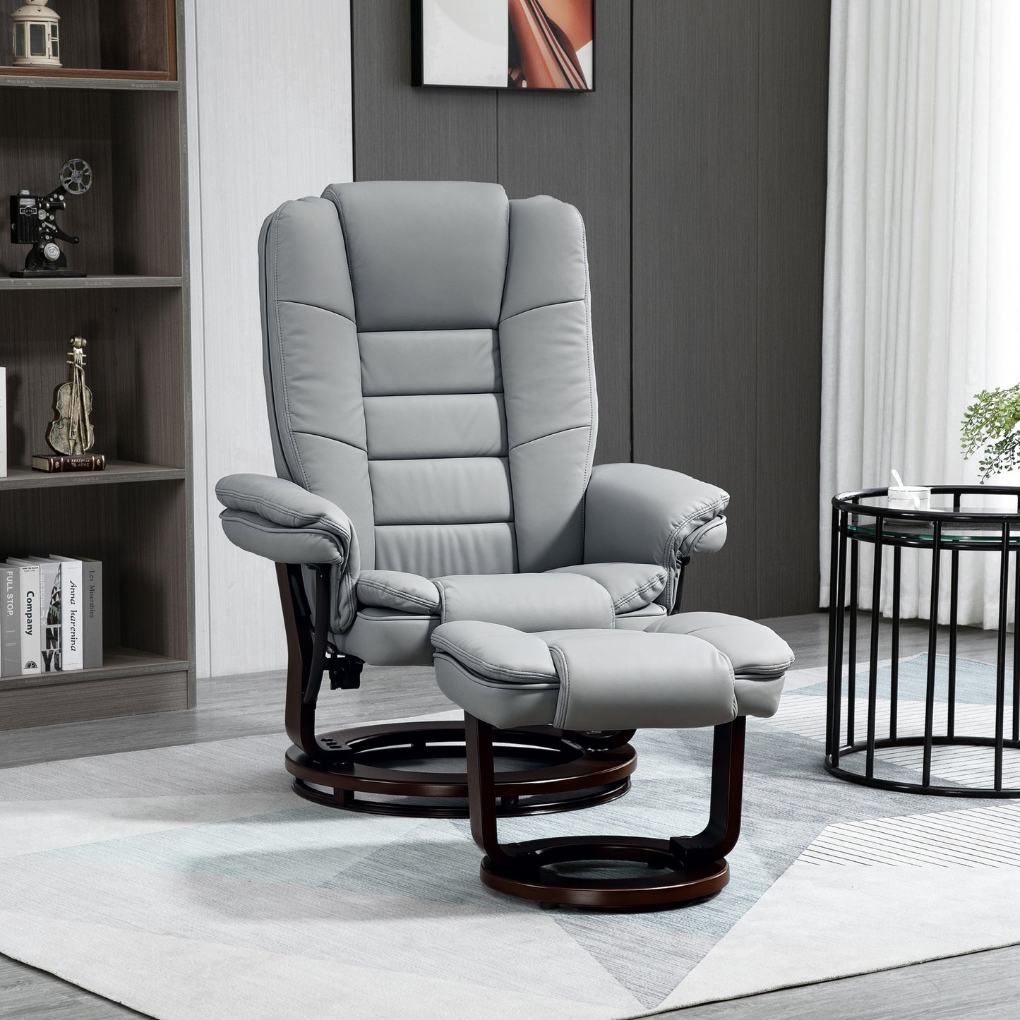 HOMCOM Recliner Chair With footstool, Recliner Armchair up to 130kg Weight Capacity, 135√Ç¬∞ Reclining Swivel Sofa Chair, PU Leather Ergonomic Couch Bed with Swivel Wood Base for Living Room, Grey