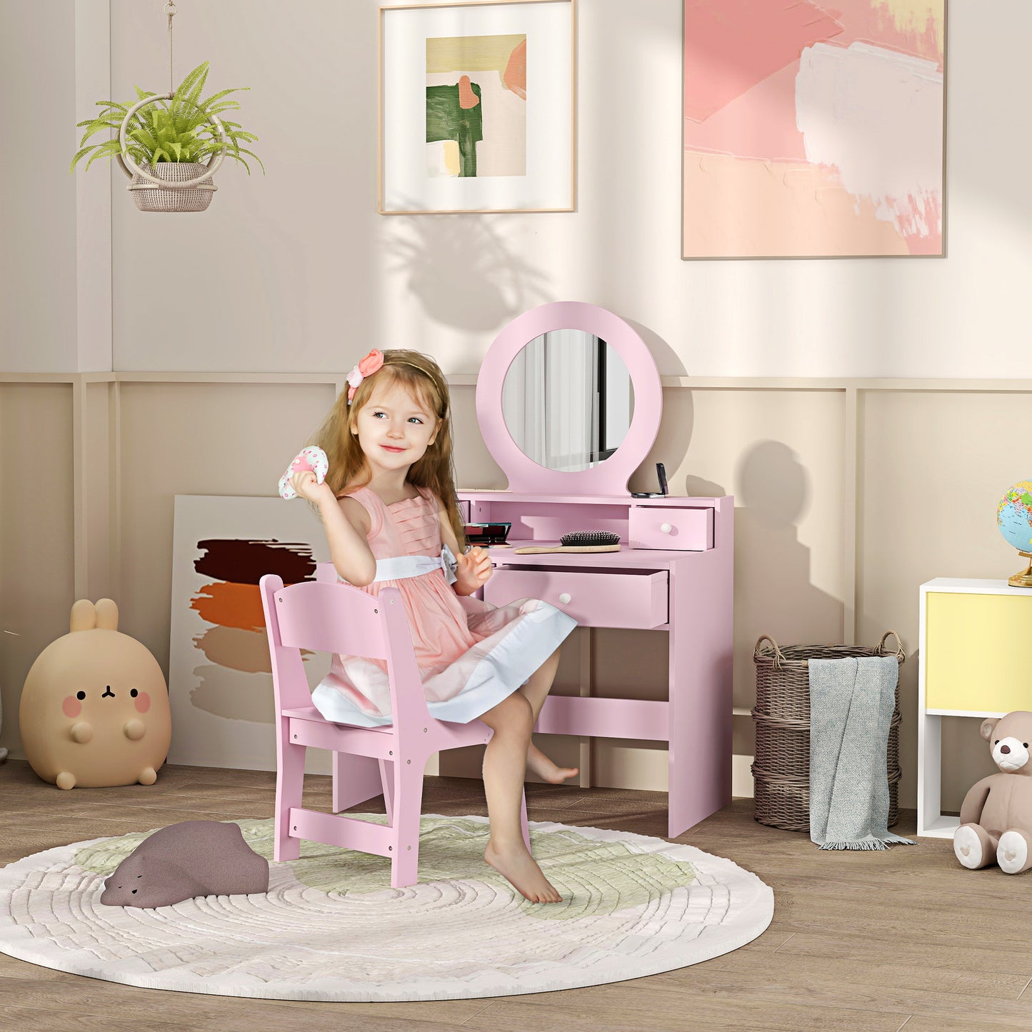 AIYAPLAY Kids Dressing Table Set Kids Make up Table with Stool and Mirror, Storage Drawers, Gift for Aged 3-8